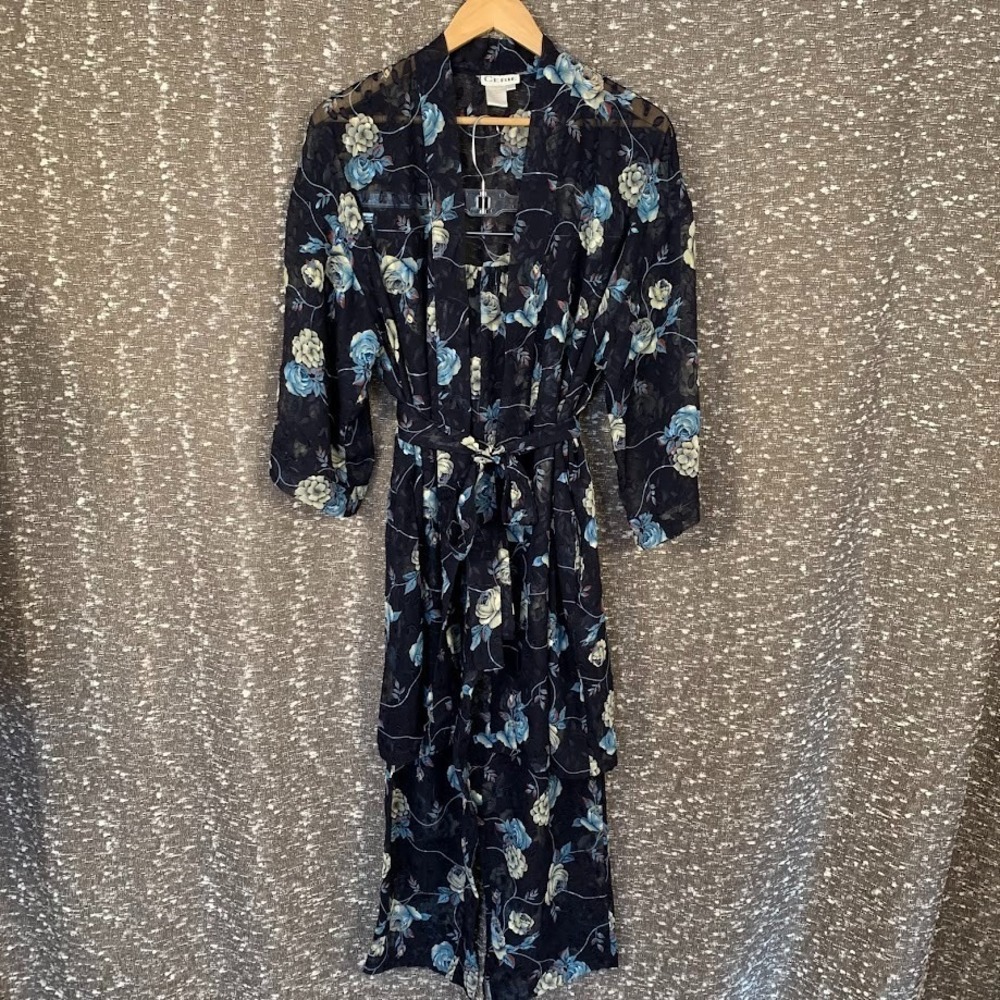 Vintage Cerie Floral Semi Sheer Robe & Pants‎ Set Boho Preppy Womens